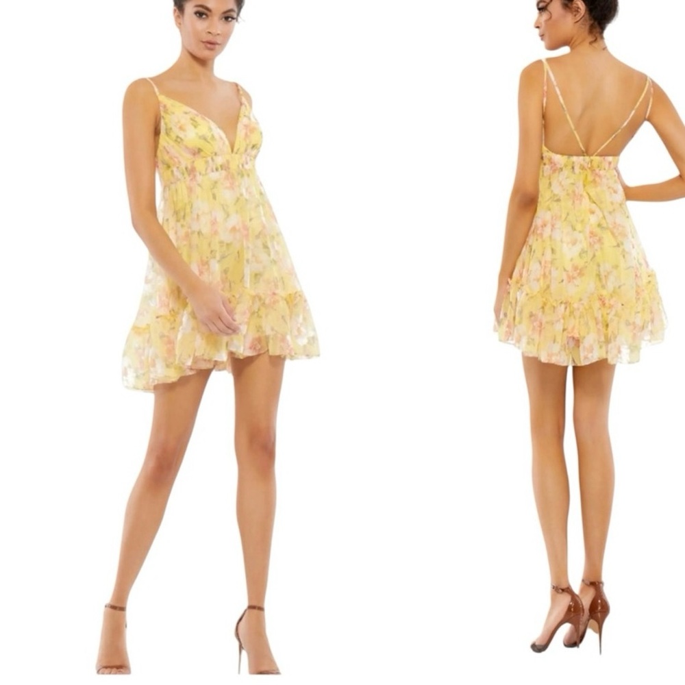 Mac Duggal NWOT Yellow Floral Empire Waist Ruffled Mini Dress